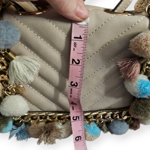 Aldo Cream Chevron Crossbody Bag with Multicolor Pom Poms - Picture 9 of 11